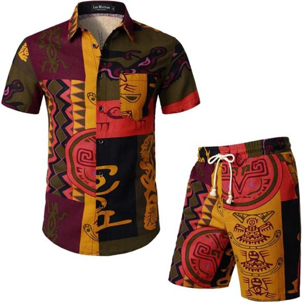 Men's Summer 2 Piece Set Cotton Linen Ethnic Style Printed Outfit with Pockets - Picture 1 of 7